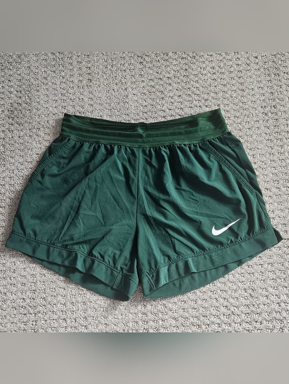 Nike Women's Forest Green Athletic Shorts with White Swoosh